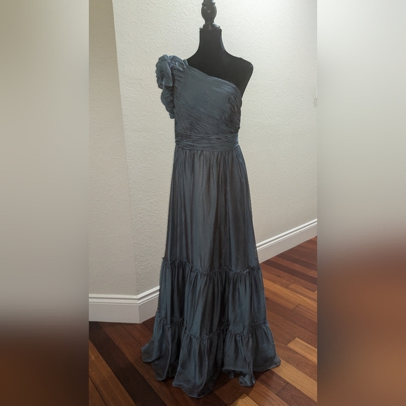 NWT Mac Duggal Organza One-Shoulder Pleated Gown Maxi Dress Fusion Blue US 10 - Picture 2 of 10